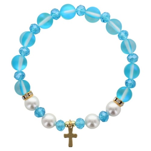 Bracelet sur élastique en pierre de lune synthétique Ø 8 mm & coquille naturelle avec croix acier inoxydable. LOT 5 ASSORTIS.